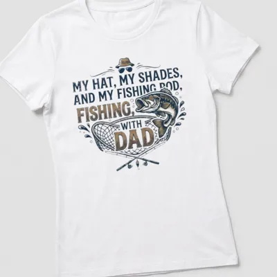 Vintage style Fishing with Dad t-shirt featuring fishing rod and fish illustrations — printed on a women's shirt