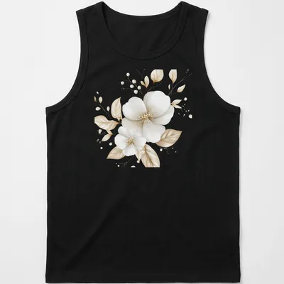 Botanical illustration of magnolia flowers on a soft beige background — printed on a tank top