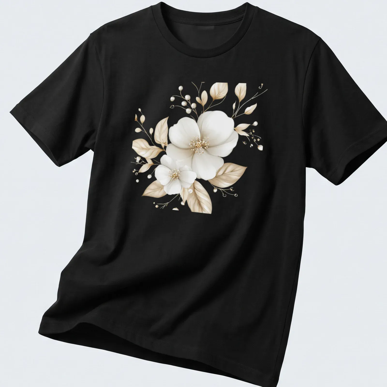 Botanical illustration of magnolia flowers on a soft beige background — printed on a unisex t-shirt