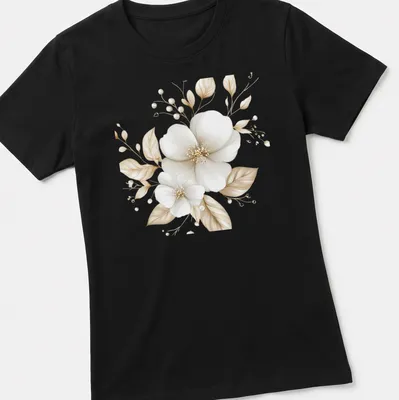 Botanical illustration of magnolia flowers on a soft beige background — printed on a women's shirt