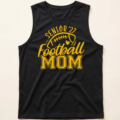 Bold typography T-shirt for Football Moms featuring 'Senior 27' text — printed on a tank top
