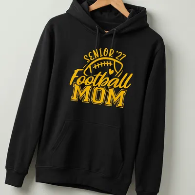 Bold typography T-shirt for Football Moms featuring 'Senior 27' text — printed on a unisex hoodie