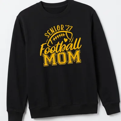 Bold typography T-shirt for Football Moms featuring 'Senior 27' text — printed on a unisex sweatshirt