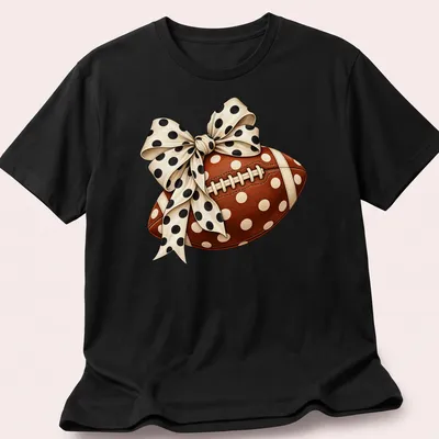 Realistic football with a polka dot bow graphic in brown and cream