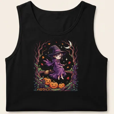 Kawaii illustration of a forest witch with Halloween text in purple, black, orange, and green — printed on a tank top