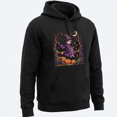 Kawaii illustration of a forest witch with Halloween text in purple, black, orange, and green — printed on a unisex hoodie