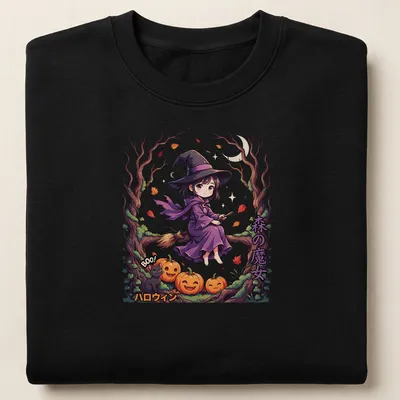 Kawaii illustration of a forest witch with Halloween text in purple, black, orange, and green — printed on a unisex sweatshirt
