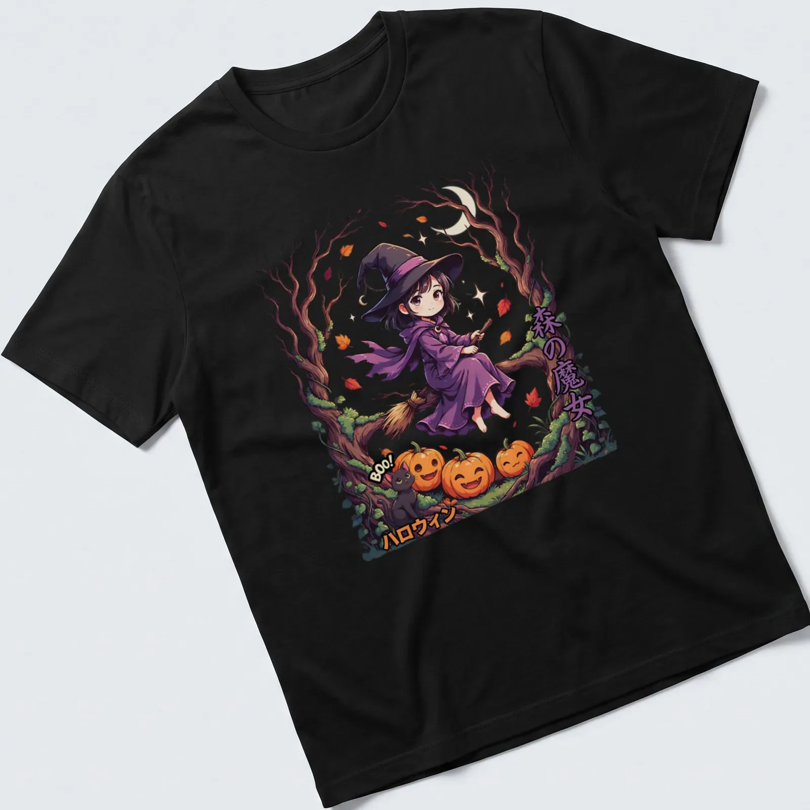Kawaii illustration of a forest witch with Halloween text in purple, black, orange, and green — printed on a unisex t-shirt