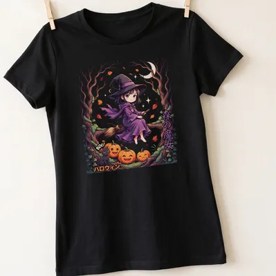 Kawaii illustration of a forest witch with Halloween text in purple, black, orange, and green — printed on a women's shirt