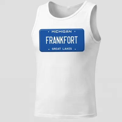 Vintage graphic t-shirt featuring a Michigan license plate design in blue and white. — printed on a tank top