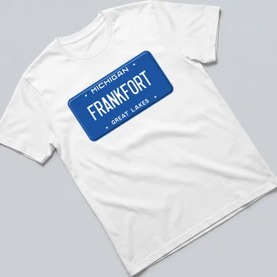 Vintage graphic t-shirt featuring a Michigan license plate design in blue and white.