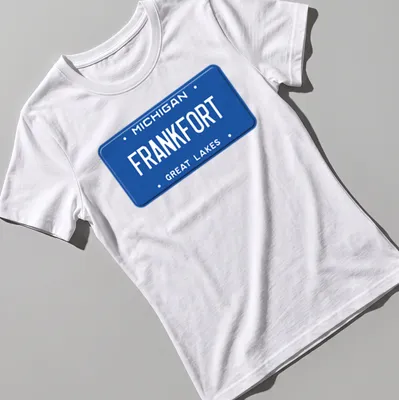 Vintage graphic t-shirt featuring a Michigan license plate design in blue and white. — printed on a women's shirt