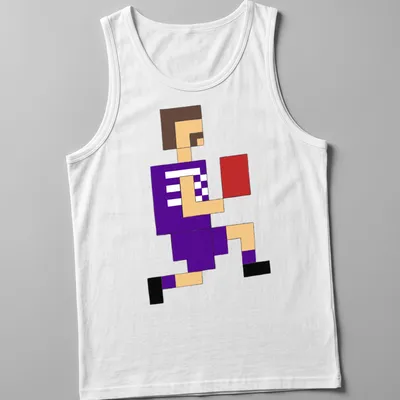 Pixel art of a Fremantle footballer in a purple uniform with black outlines — printed on a tank top