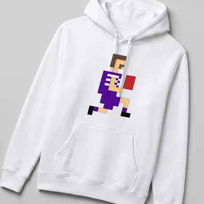 Pixel art of a Fremantle footballer in a purple uniform with black outlines — printed on a unisex hoodie