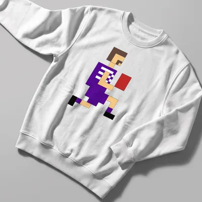 Pixel art of a Fremantle footballer in a purple uniform with black outlines — printed on a unisex sweatshirt