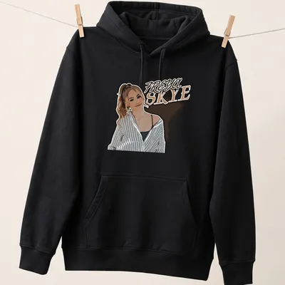 Pop art design featuring the name Freya Skye with a woman illustration — printed on a unisex hoodie