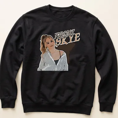 Pop art design featuring the name Freya Skye with a woman illustration — printed on a unisex sweatshirt
