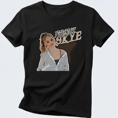 Pop art design featuring the name Freya Skye with a woman illustration — printed on a women's shirt
