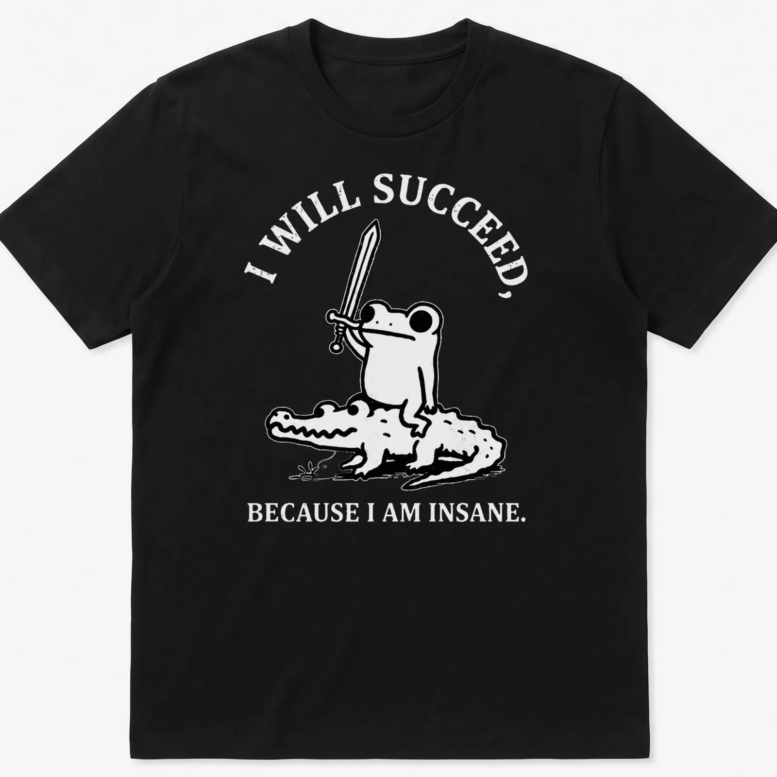 Kawaii line-art shirt depicting a frog riding a crocodile with motivational text — printed on a unisex t-shirt