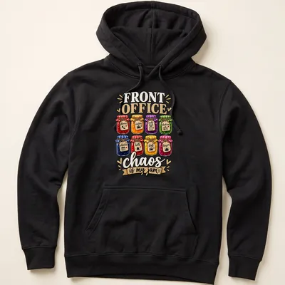 Whimsical t-shirt with colorful jars and the phrase 'Front Office chaos is my jam' — printed on a unisex hoodie