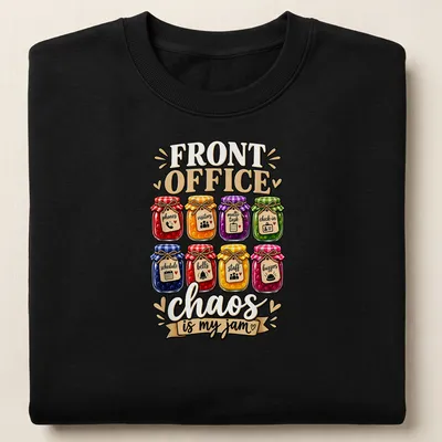Whimsical t-shirt with colorful jars and the phrase 'Front Office chaos is my jam' — printed on a unisex sweatshirt