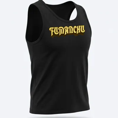 Bold yellow FUMANCHU text in heavy serif font on dark background — printed on a tank top