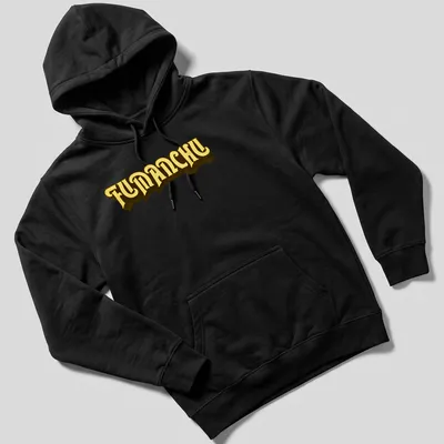 Bold yellow FUMANCHU text in heavy serif font on dark background — printed on a unisex hoodie