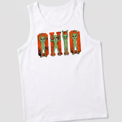 Cartoon aliens around the text 'O H I O' in a vintage Halloween style — printed on a tank top