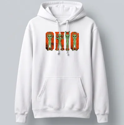Cartoon aliens around the text 'O H I O' in a vintage Halloween style — printed on a unisex hoodie