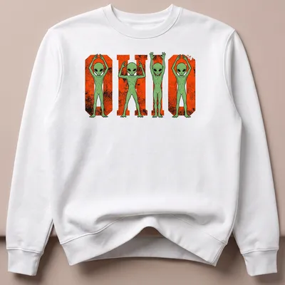 Cartoon aliens around the text 'O H I O' in a vintage Halloween style — printed on a unisex sweatshirt