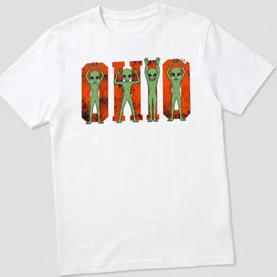 Cartoon aliens around the text 'O H I O' in a vintage Halloween style