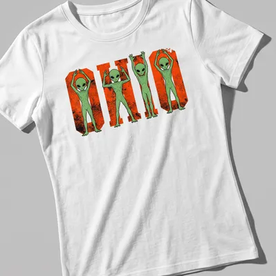 Cartoon aliens around the text 'O H I O' in a vintage Halloween style — printed on a women's shirt