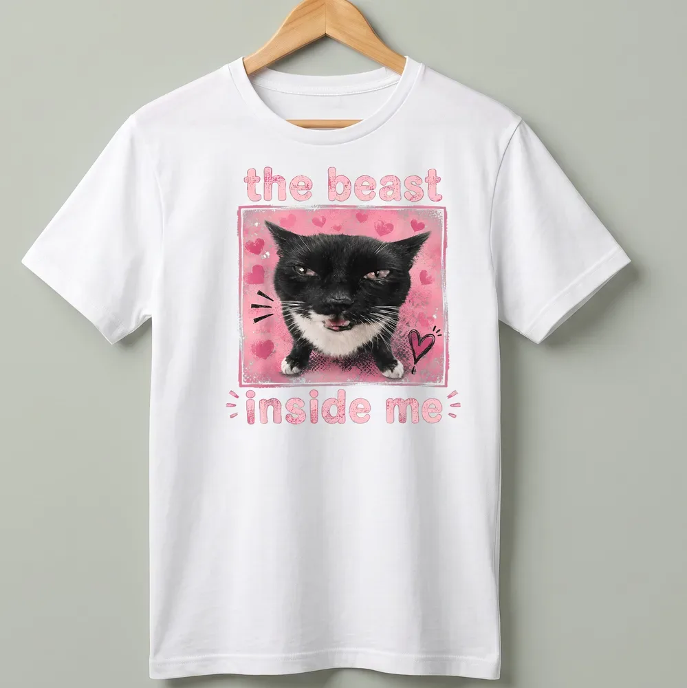 Illustration of a black and white cat with text 'the beast inside me' in playful font.