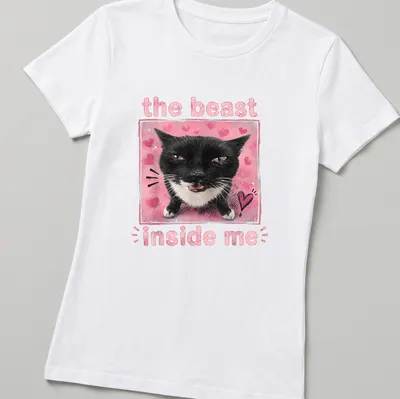 Illustration of a black and white cat with text 'the beast inside me' in playful font. — printed on a women's t-shirt