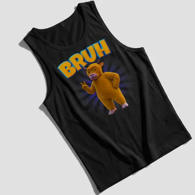 3D cartoon cow character with the word BRUH in yellow and purple — printed on a tank top