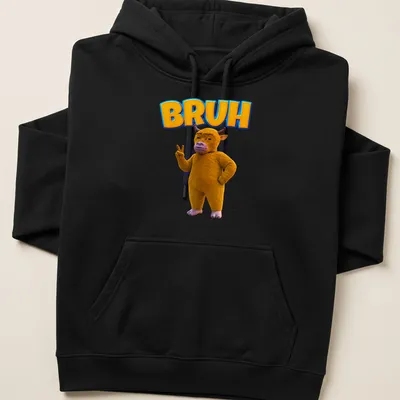 3D cartoon cow character with the word BRUH in yellow and purple — printed on a unisex hoodie