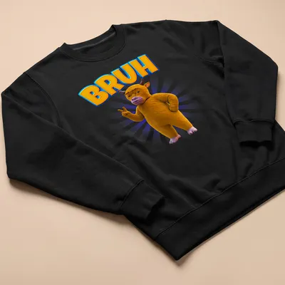 3D cartoon cow character with the word BRUH in yellow and purple — printed on a unisex sweatshirt