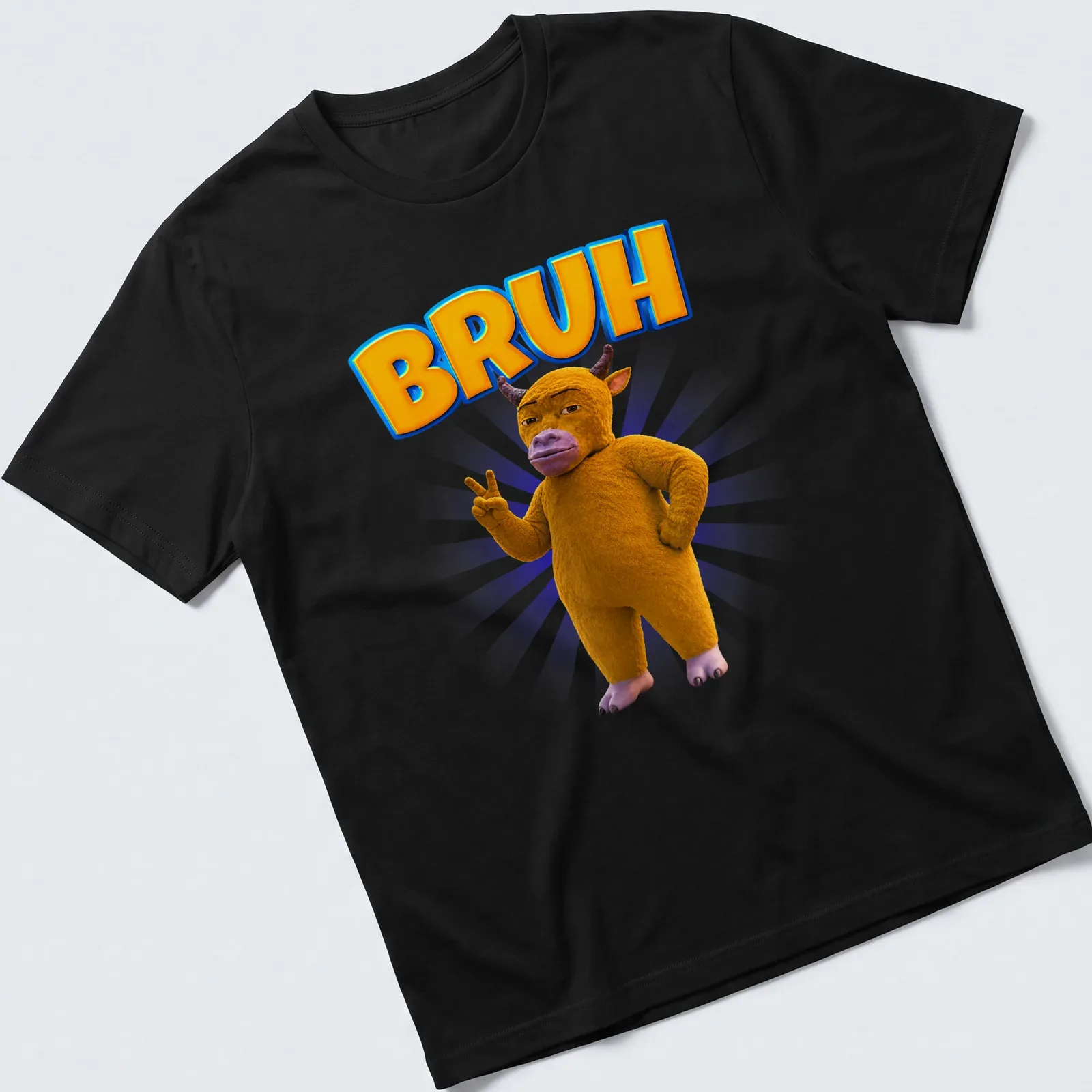 3D cartoon cow character with the word BRUH in yellow and purple — printed on a unisex t-shirt