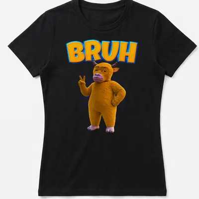 3D cartoon cow character with the word BRUH in yellow and purple — printed on a women's shirt