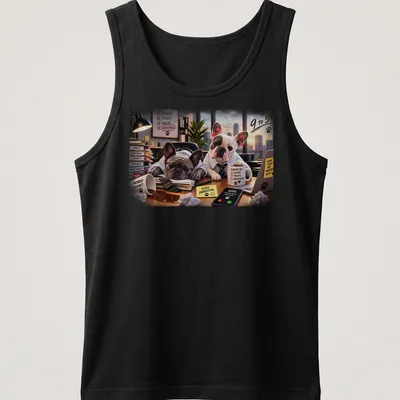 Realistic print of French Bulldogs with humorous office-themed text in multiple colors — printed on a tank top