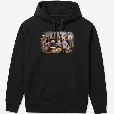Realistic print of French Bulldogs with humorous office-themed text in multiple colors — printed on a unisex hoodie