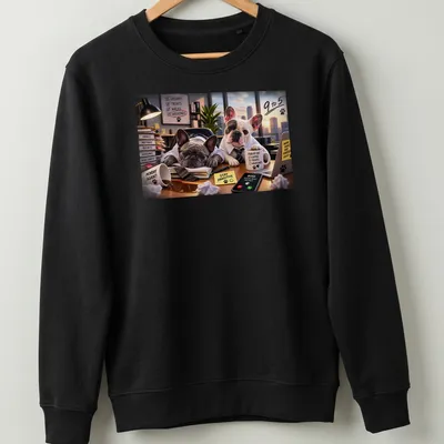 Realistic print of French Bulldogs with humorous office-themed text in multiple colors — printed on a unisex sweatshirt