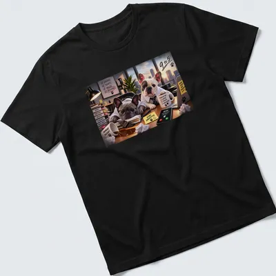 Realistic print of French Bulldogs with humorous office-themed text in multiple colors — printed on a unisex t-shirt