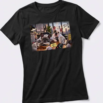 Realistic print of French Bulldogs with humorous office-themed text in multiple colors — printed on a women's shirt