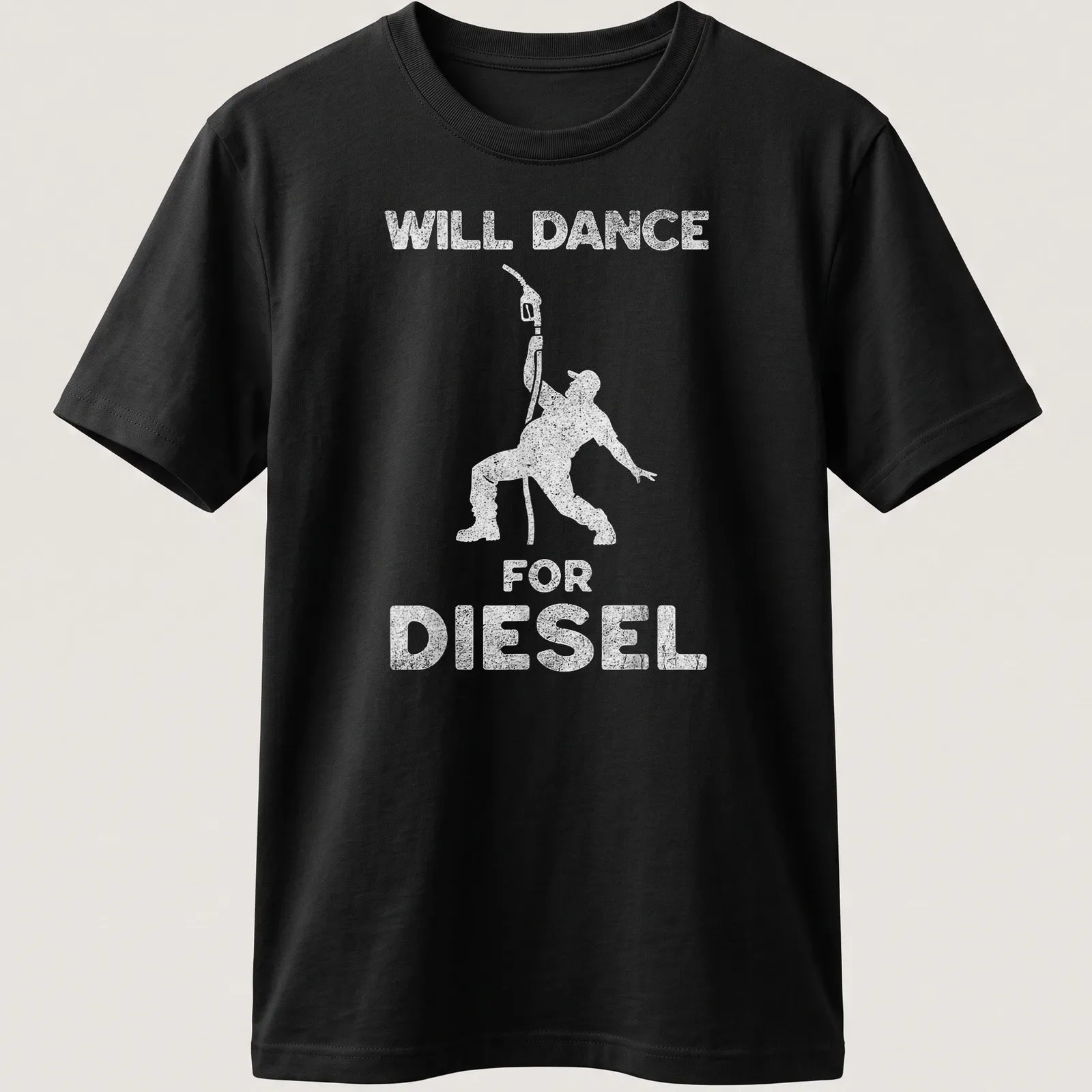 Funny illustration of a person dancing next to a fuel pump with the text 'Will Dance For Diesel' — printed on a unisex t-shirt