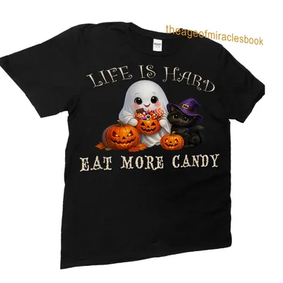 Cute cartoon ghost and black cat with Halloween-themed text — printed on a unisex t-shirt (angled view)