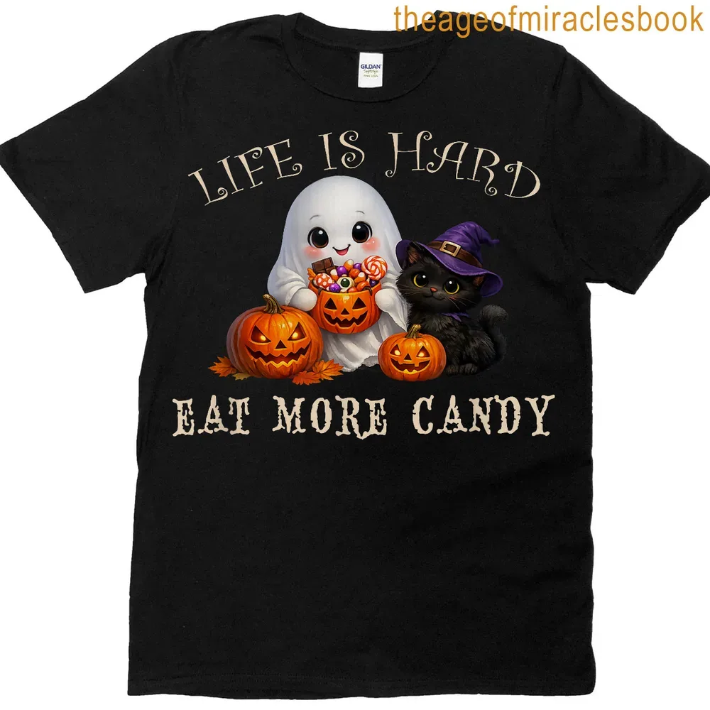 Cute cartoon ghost and black cat with Halloween-themed text