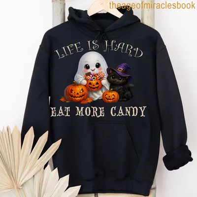 Cute cartoon ghost and black cat with Halloween-themed text — printed on a unisex hoodie