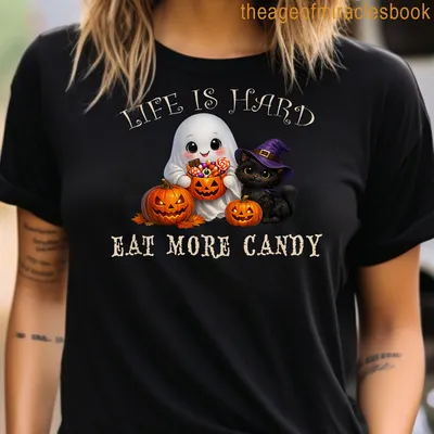 Cute cartoon ghost and black cat with Halloween-themed text — printed on a women's t-shirt