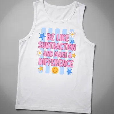Colorful t-shirt with playful math teacher graphics and humorous text — printed on a tank top